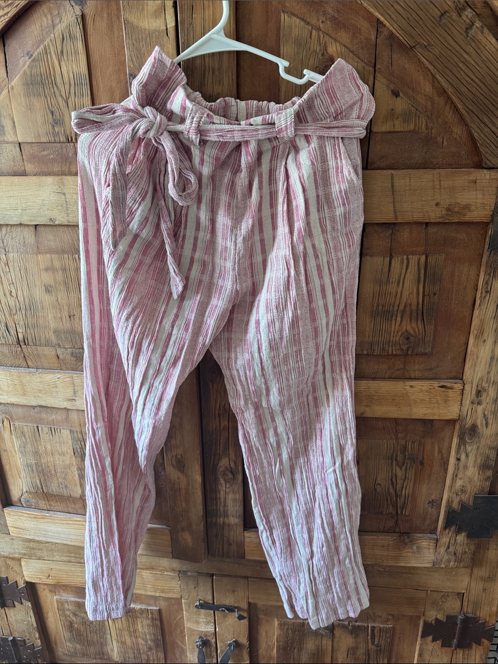 Anthropologie Striped Paperbag Waist Tie Pants - Pink & White